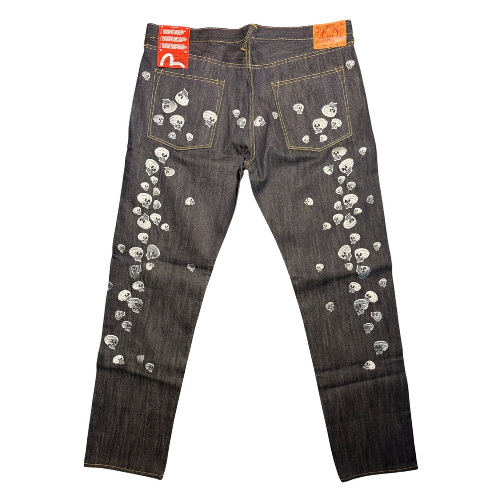Vintage NWT Evisu Genes Dark Indigo Multi Skull Embroidered Jeans Size 42x34